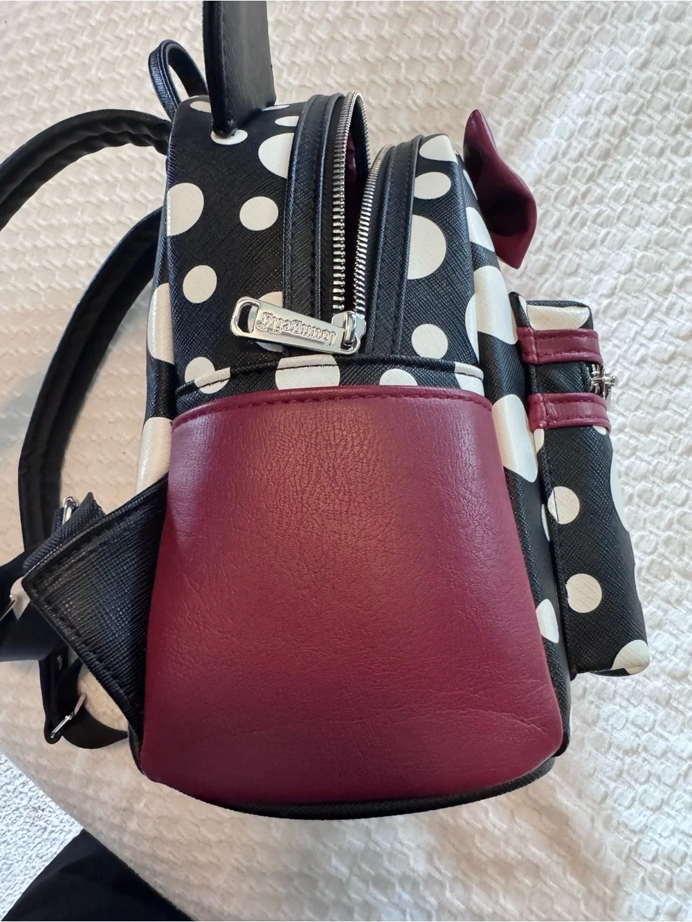 Loungefly Disney Black White Polka Dot Mini Backpack with Burgundy Bow